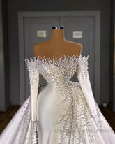 Off-the-Shoulder Long Sleeves Mermaid Wedding Dresses Pearls With Detachable Train